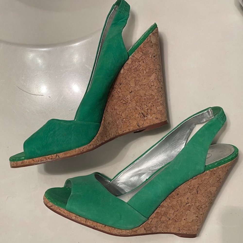 Jessica Simpson green and cork wedges